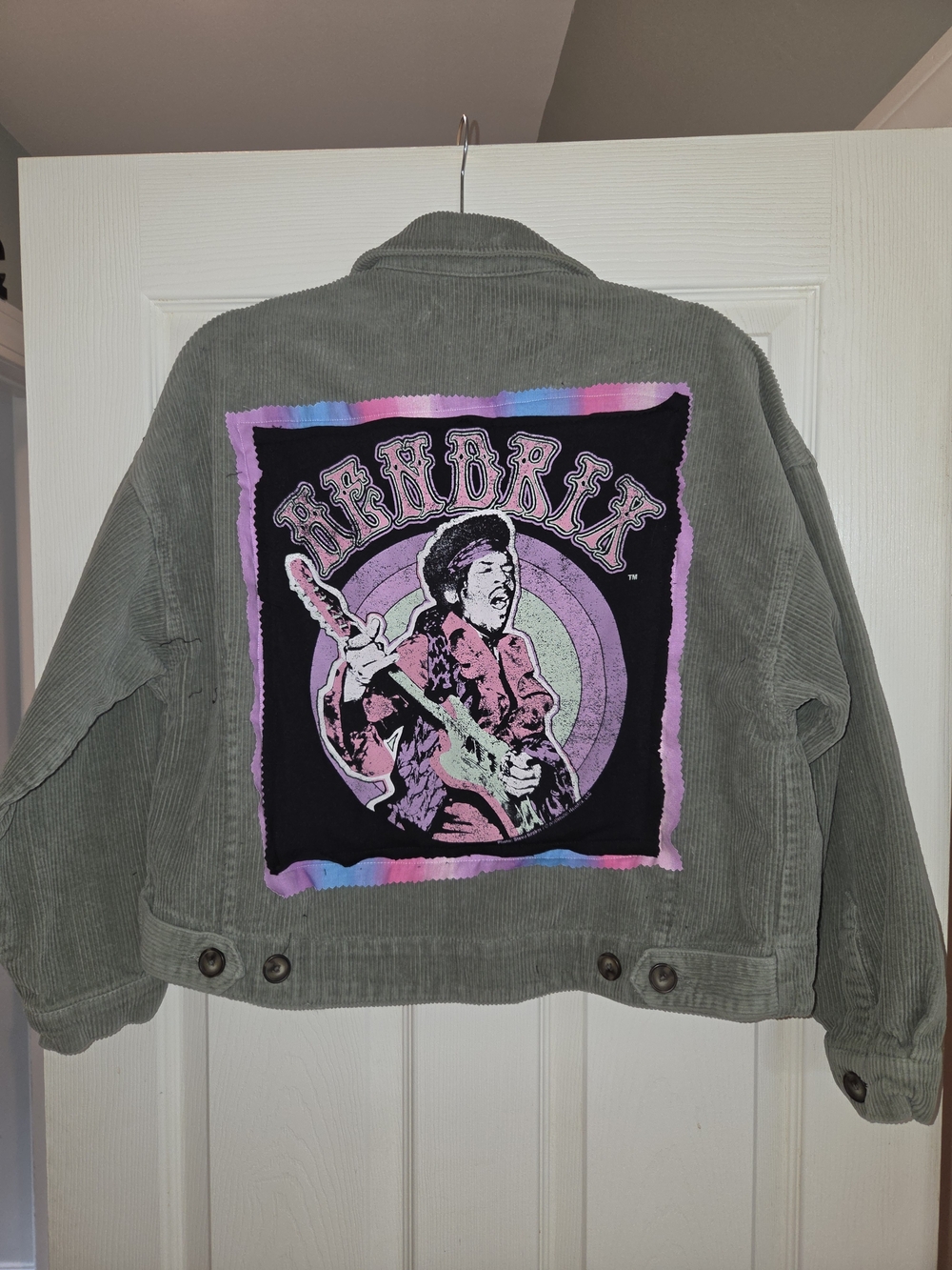 Upcycled HENDRIX Corduroy Jacket with Guitar Graphic - Gray with Pink Accent